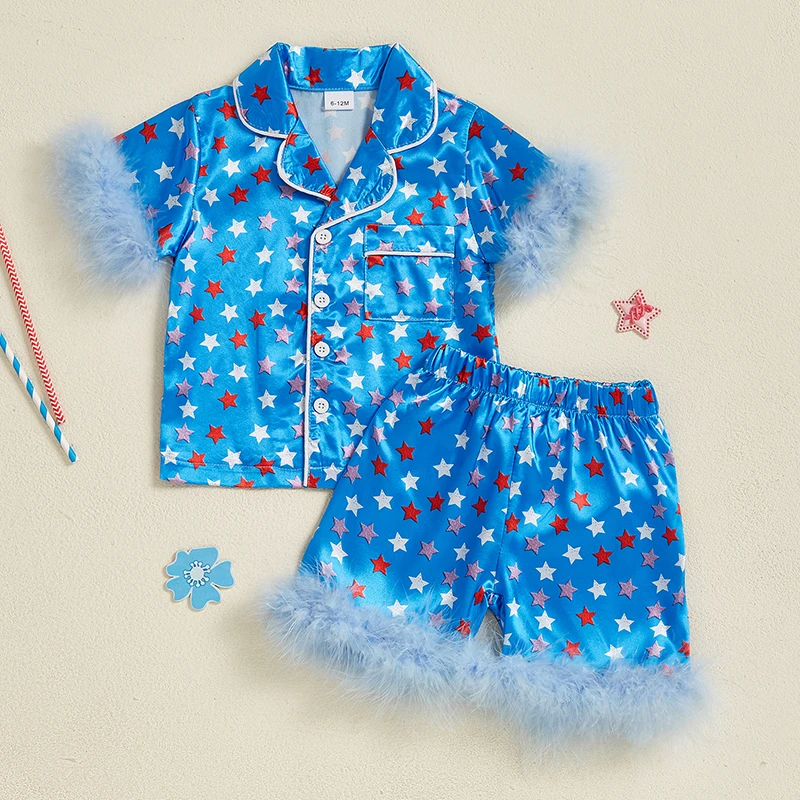 Women s Patriotic Fourth of July Pajama Set with Short Sleeve Star Print Button Down Shirt and Shorts - Sleepwear Set for