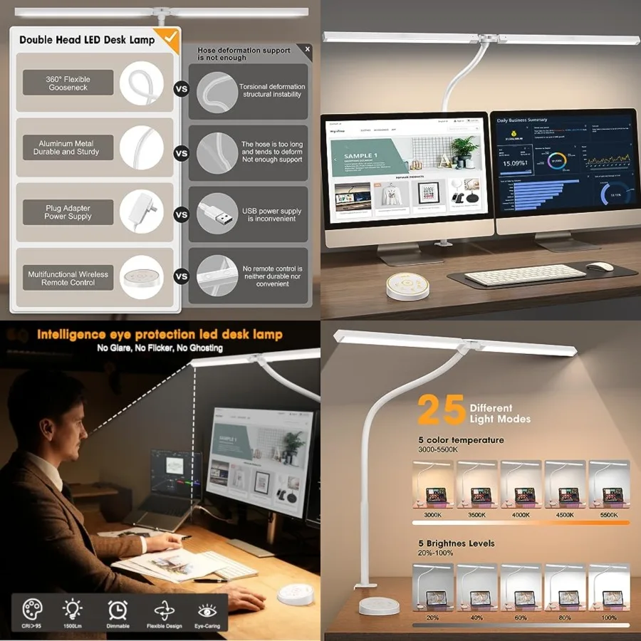 

Led Desk Lamp for Office Home - Eye Caring Architect lamp with Clamp, Dual Screen Computer Monitor Work Smart Light: 24W 5 Colo