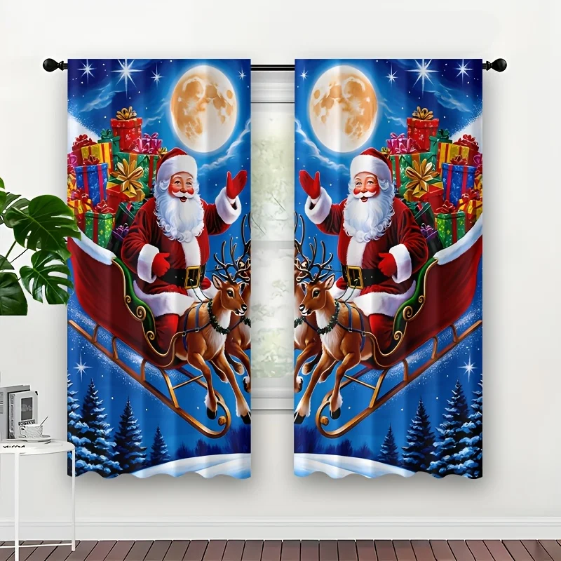 Santa Sleigh Curtain Panels, Xmas Santa Reindeer Sleigh Gift Moon Snowy Night Print Drapes for Christmas Bedroom Home Decor