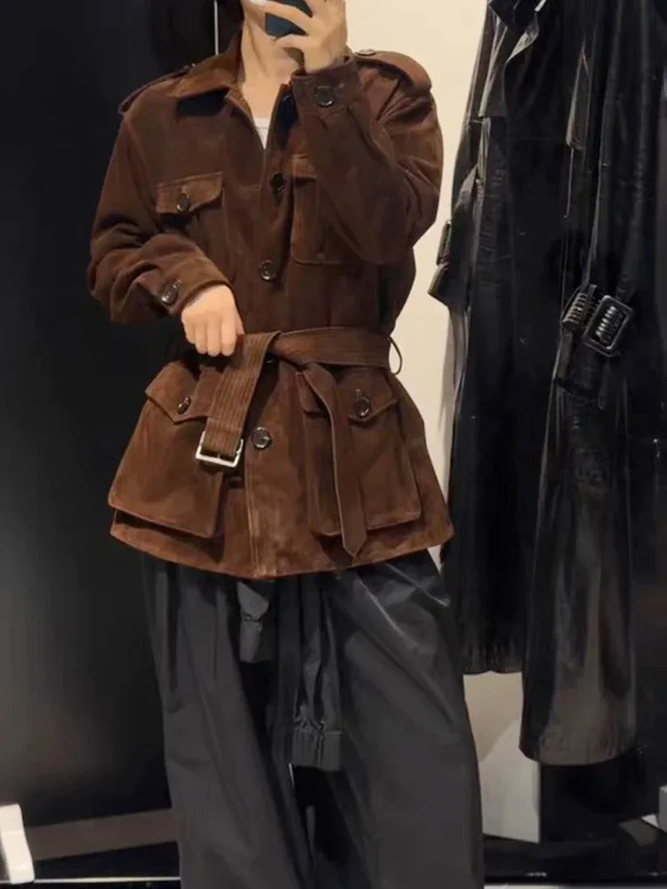 Giacca lunga in pelle scamosciata per bambini importata da donna retrò 2025 Giacca invernale in vera pelle retrò color cioccolato Cintura Midi Street