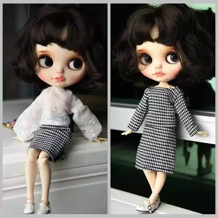 Houndstooth Tops Plaided Skirt for Blyth Fashion Doll Clothes Set Long Puff Sleeve Shirt for  Blythe Doll Outfits 1/6 BJD Toys