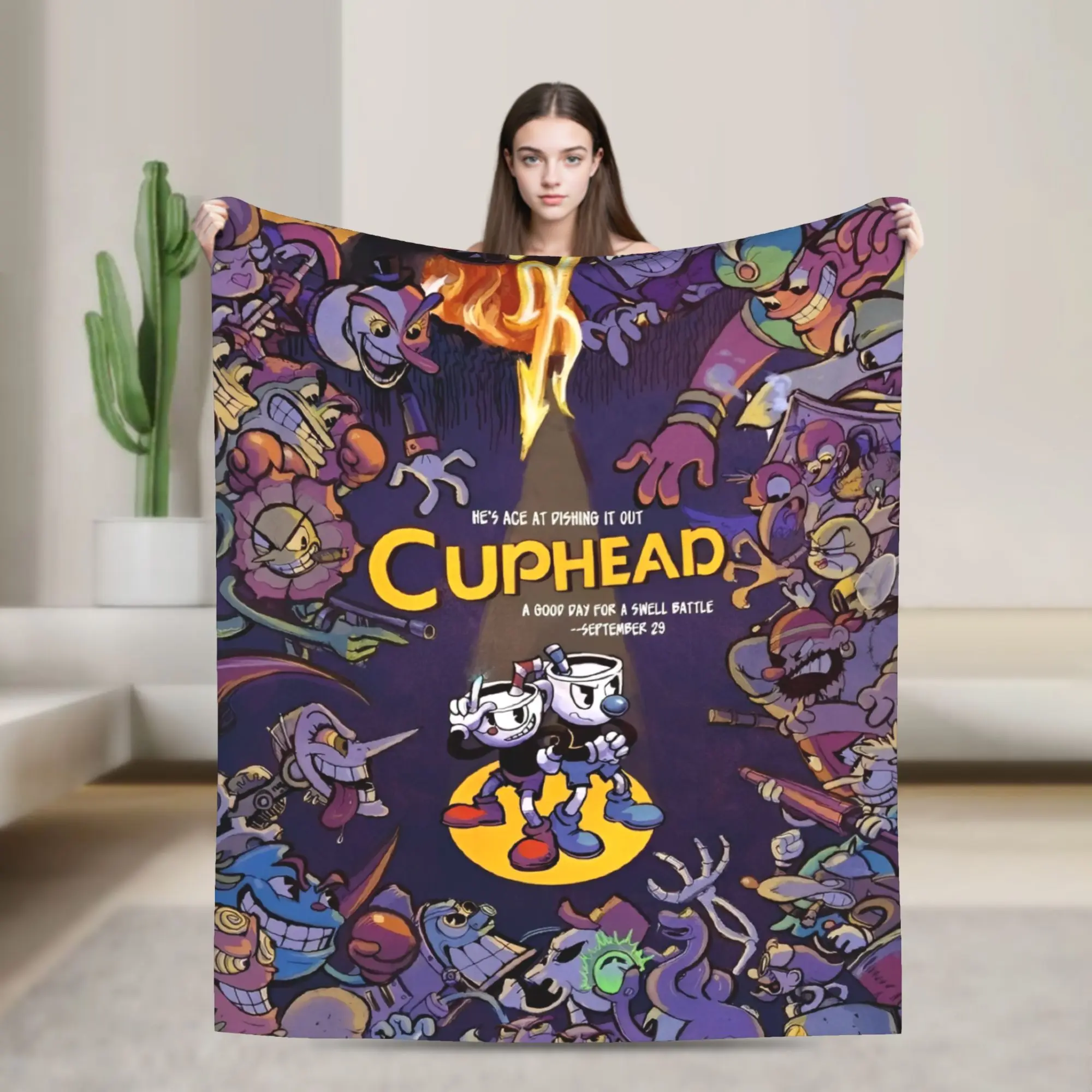 Cuphead cartoon Flannel Blankets  Super Warm Throw Blanket for Couch Chair Camping Fashion Bedspread Sofa Bed Cover