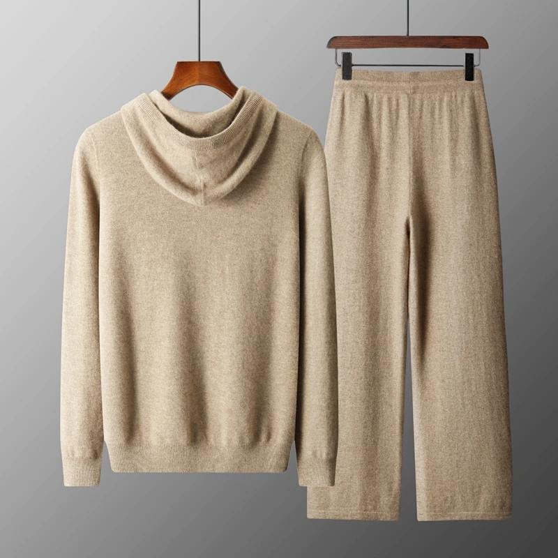 100% Merino Wool Hoodie Set Spring Autumn Men's Hoodie Casual Elastic Waist Loose Wide Leg Pants Solid Color Warm Two Piece Set.