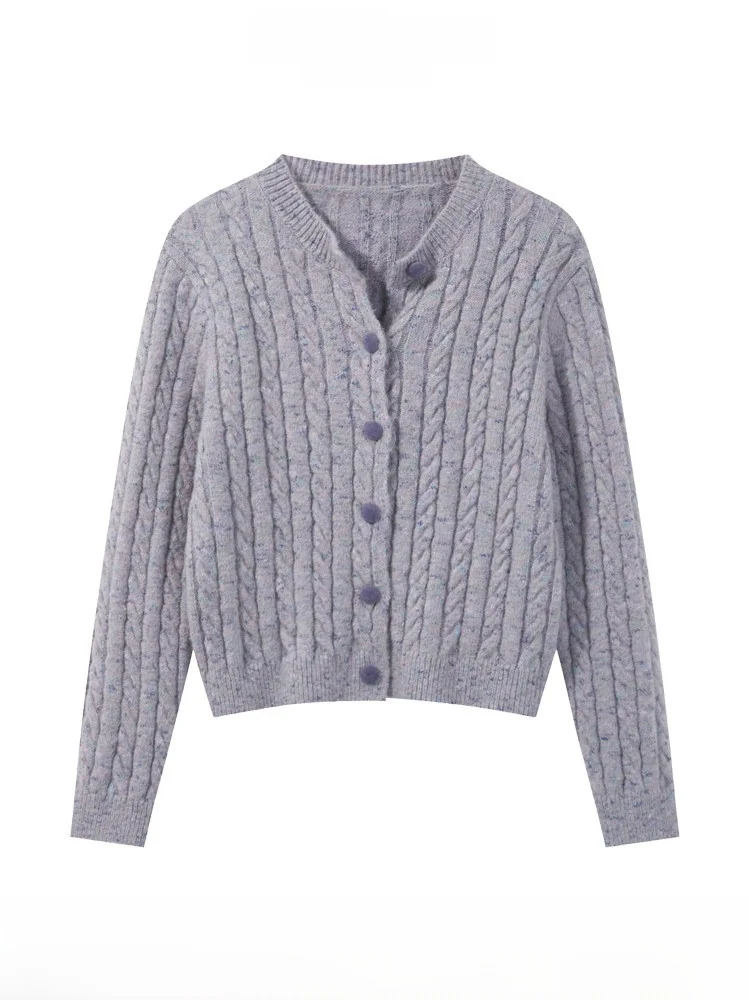 

Мягкий уютный фиолетовый свитер-кардиган с узором «косы» для женщин, свободный, теплый, универсальный, осенний, с длинным рукавом, круглым вырезом, из смесового полиэстера