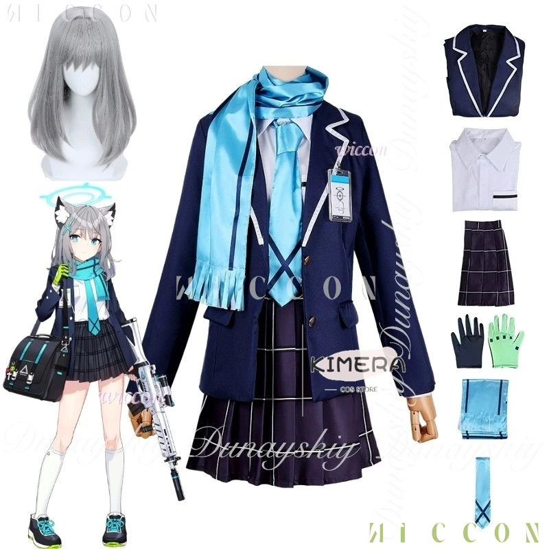 

Костюм на Хэллоуин, синий архив, игра Sunaookami Shiroko, косплей с серебристо-серой париком средней длины с синим карнавальным нарядом JK A