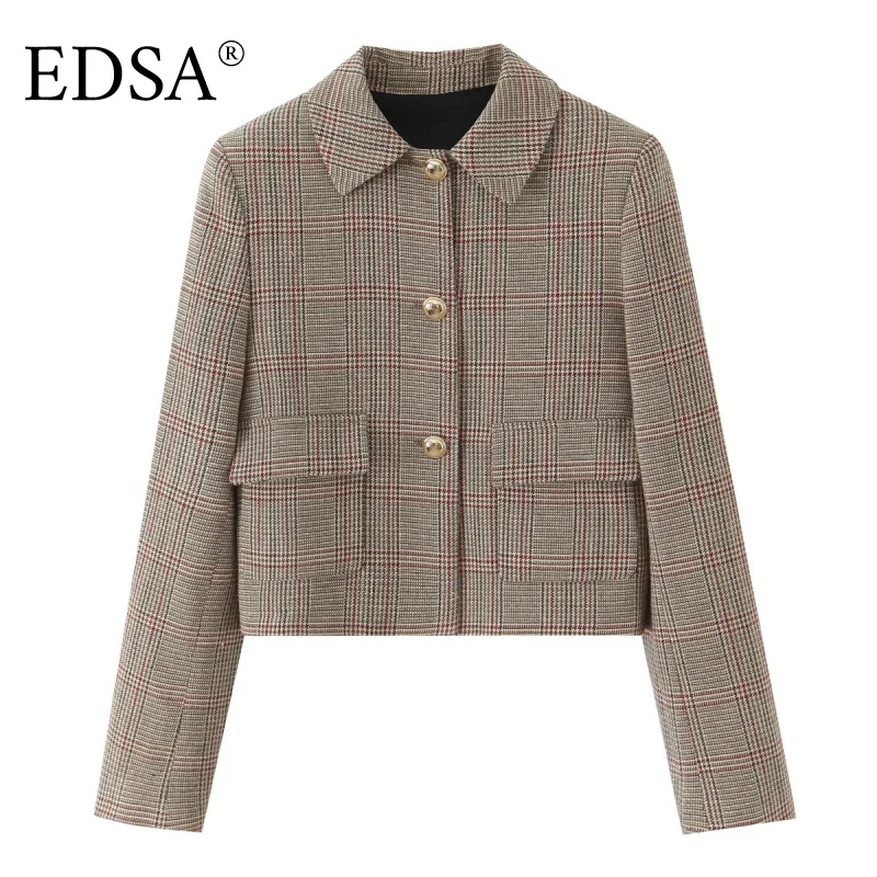

EDSA женский укороченный блейзер с узором «гусиные лапки» и подплечниками, однобортные карманы с клапанами для офиса, женское пальто, верхняя одежда