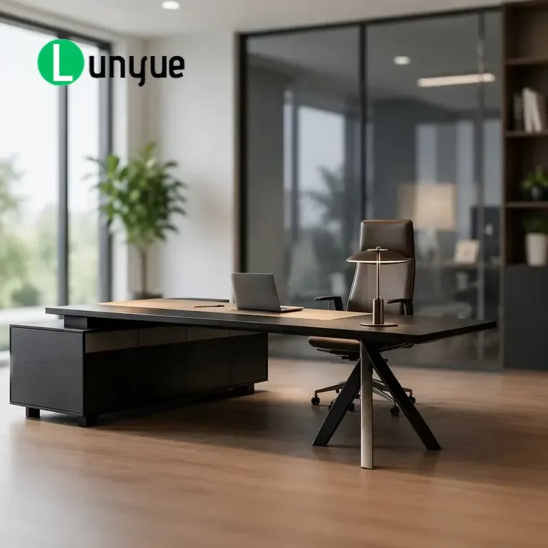 Modern Simple L-Shaped Administrative Desk with Wooden Locker Eco-Friendly Shelf Geometric Panel Office Furniture for