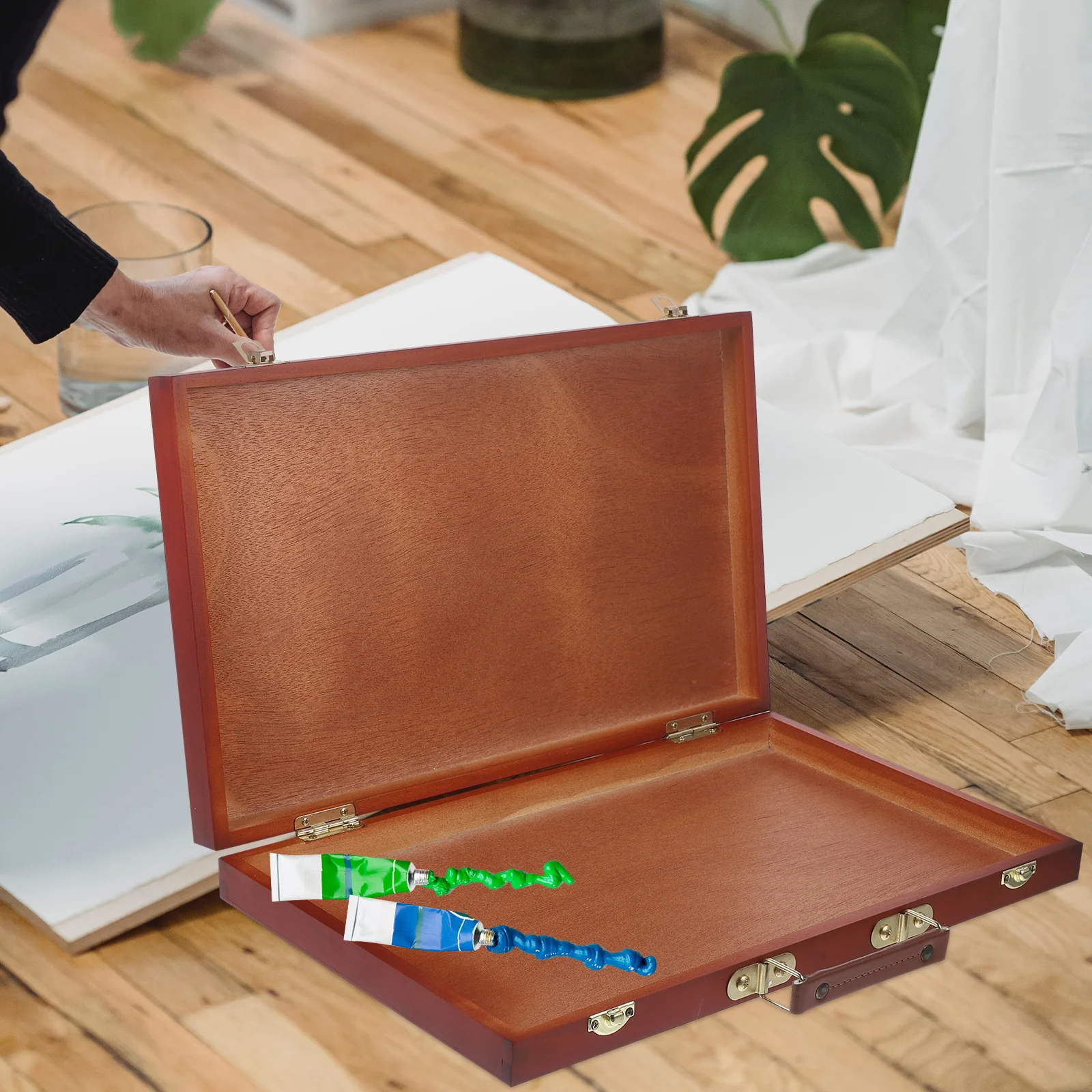 

Wooden Painting Box Lightweight Hand-Held Design Multi-Functional Art Organizer for Outdoor Painting Supplies Storage