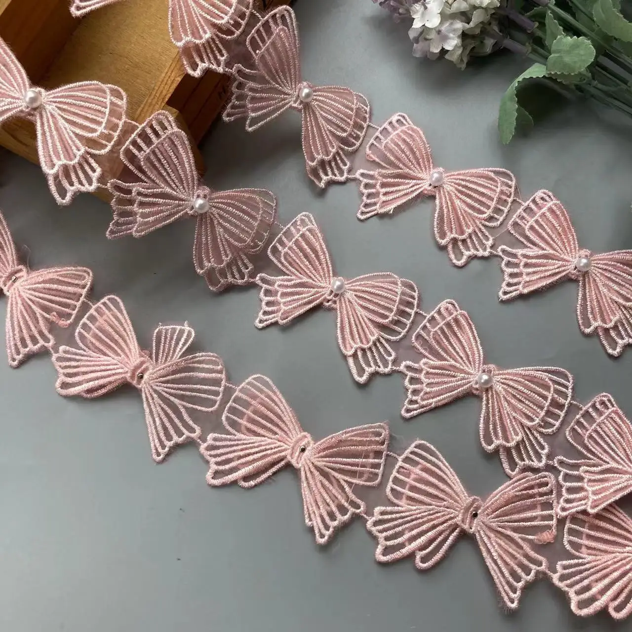 10x Latest Pink Pearl Butterfly Embroidered Lace Trim Ribbon Fabric Lady Wedding Dress Handmade DIY Sewing Supplies Craft 6.5cm