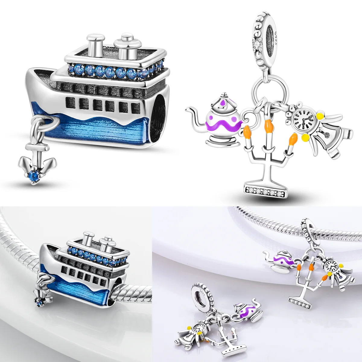 

925 Sterling Silver Blue Ship Charms Bead CZ Zircon Beauty and Beast Combination Dangle Fit Original Bracelet DIY Women Jewelry