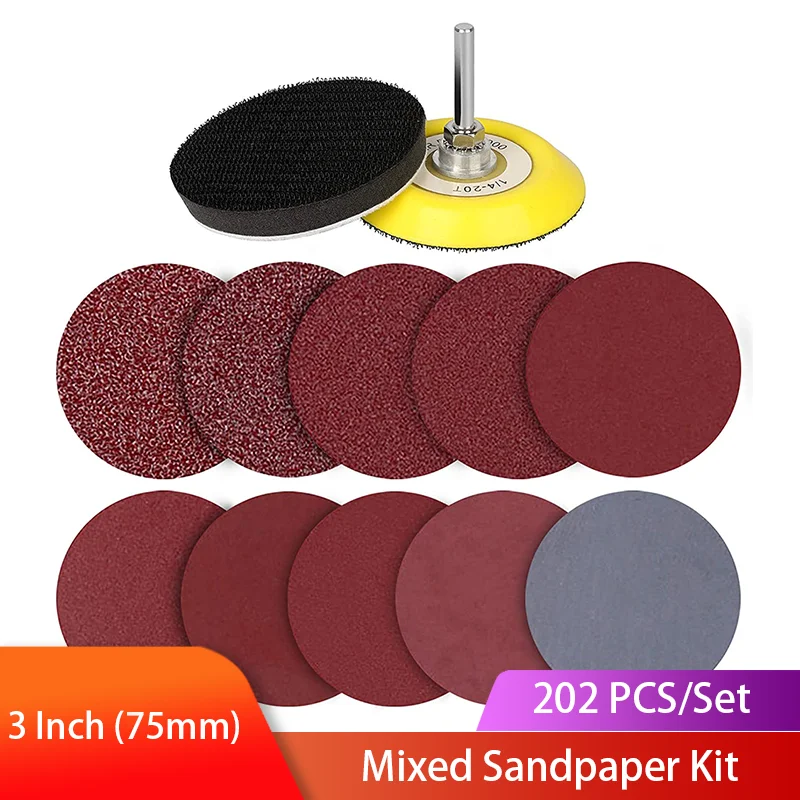 

200Pieces 3Inch Sandpaper Kit Hook and Loop Sanding Disc with Sponge Interface Pad and Backing Pad for Drill Grinder Rotary Tool