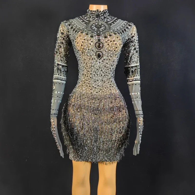 フル真珠ラインストーンドレス手袋セクシーなメッシュフリンジドレス女性の誕生日祝うドレスステージフェスティバル衣装 XS6749