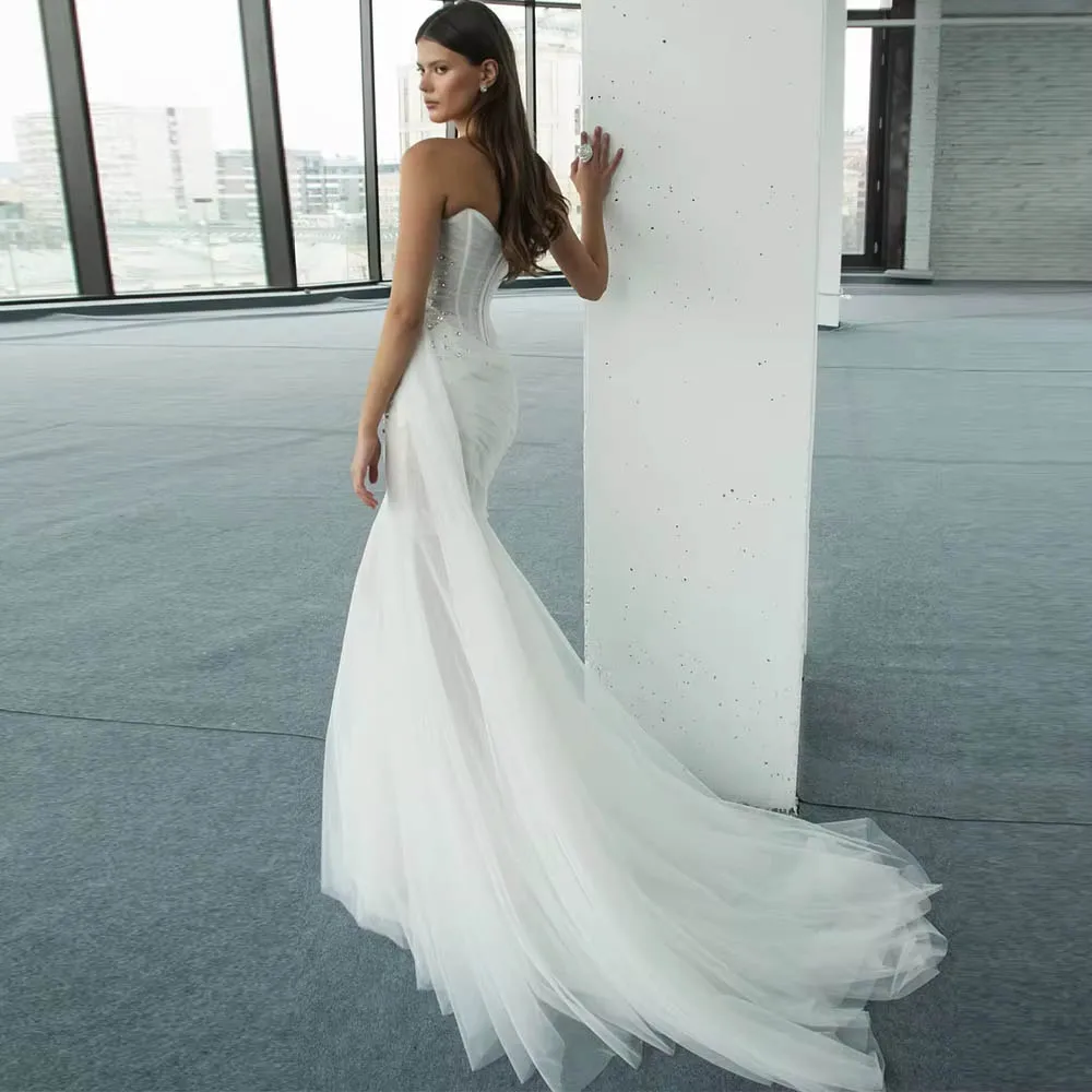 Customized Elegant Wedding Dress For Woman Bride Formal Strapless Sleeveless Soft Straight Chapel Train Robe Bridal Gown