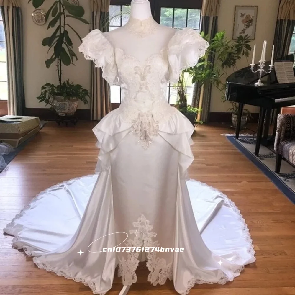 

Vintage Victorian Wedding Dress With Detachable Train Sheath White Satin Long Bridal Gown Customized Vestidos De Novia