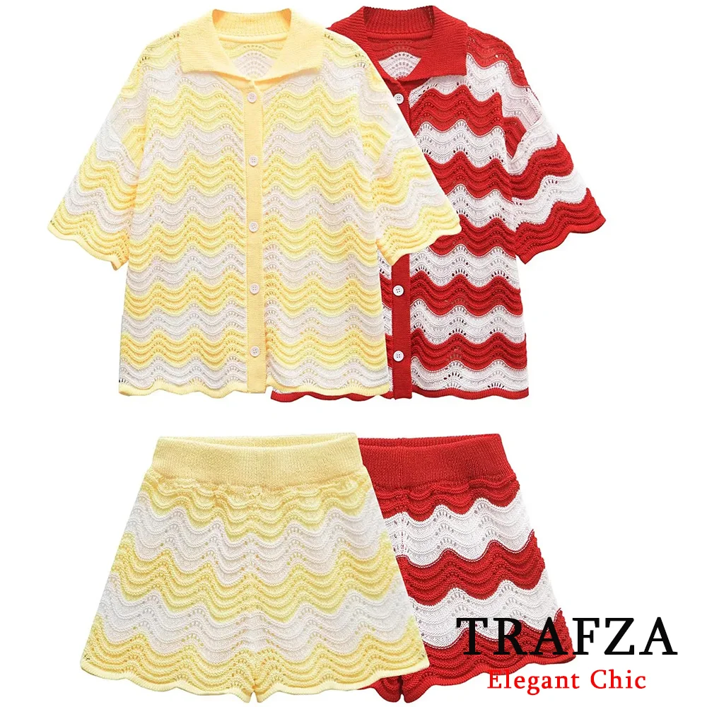 

TRAFZA-Women Casual Chic Striped Set Short Sleeve Button Top Or Straight Shorts 2025 New Fashion Spring Summer Beach Holiday Set
