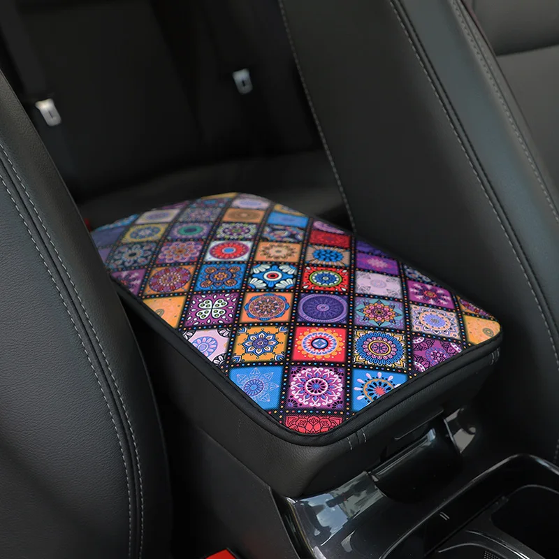 Car Armrest Cover Mat Universal Leather Ethnic Style Print Waterproof Non-slip Storage Box Pad Auto Styling Interior Accessories