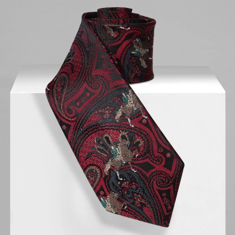 

High Quality 100% Silk Tie For Men's Business Formal Wear 9cm Deep Red Paisley Pattern Wool Lining Hand Knotted Silk Cravat