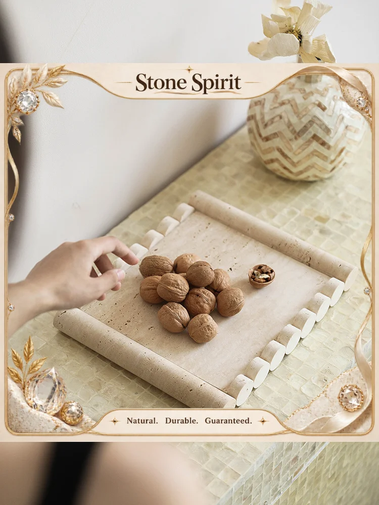 Beige Travertine Marble Tray Vintage Natural Stone Serving Tray Hotel Party Snack Fruit Candy Biscuit Cake Plate Jewelry Tray