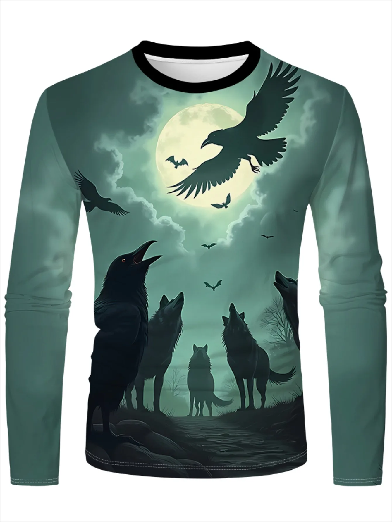 

Men's Moonlit Howl Tee Raven Wolf Moon Print Green Black Gray Gothic All-Season Machine Wash​