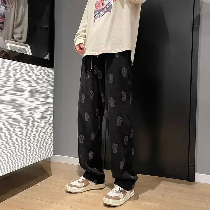 

Men Drawstring Loose Fit Wide Leg Casual Pants Print Full Length Pant Spliced Pockets High Waist Slight Strech 2025 Winter New