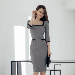 Formal Dress Elegant Grey Square Neck Half Sleeve Pocket Slit Slim Bodycon Dress Spring Autumn 2022 Office Lady Work Dress Party