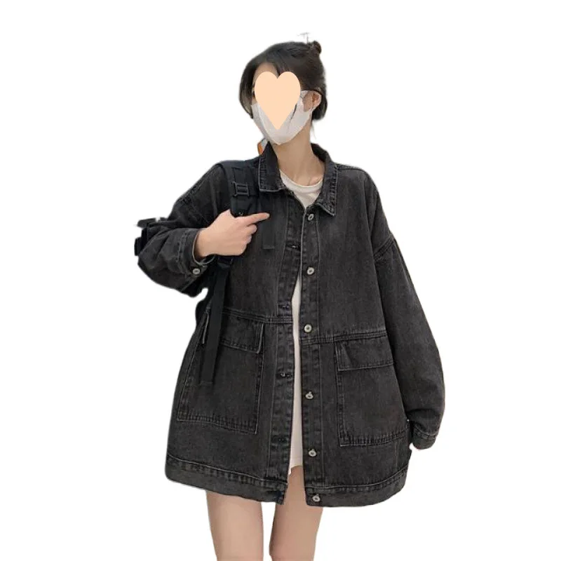 Giacca di jeans nera stile Hong Kong da donna 2024 primavera e autunno nuova versione coreana giacca a maniche lunghe da studente allentata top tide