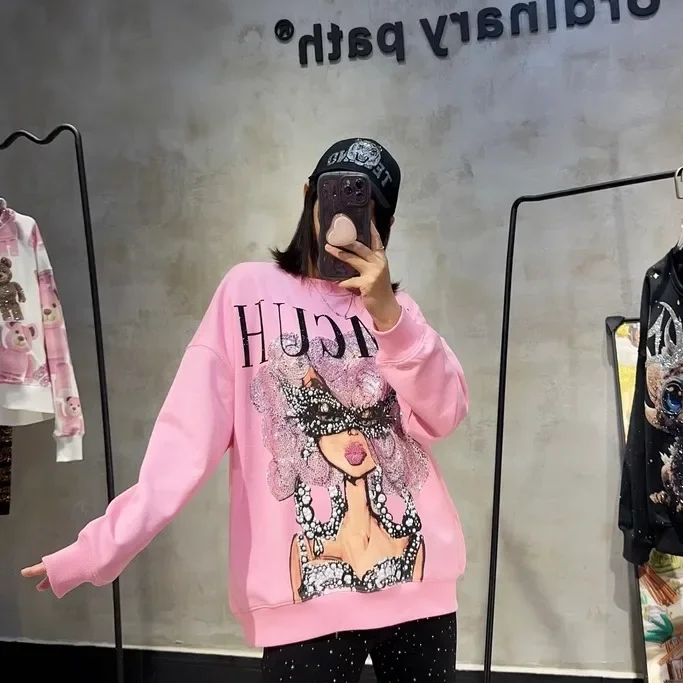 High Quality American Spring Autumn Female Hoodies O-neck Oversize Pullover Top Age Reduction Hot Drilling Pink Loose Sweatshirt