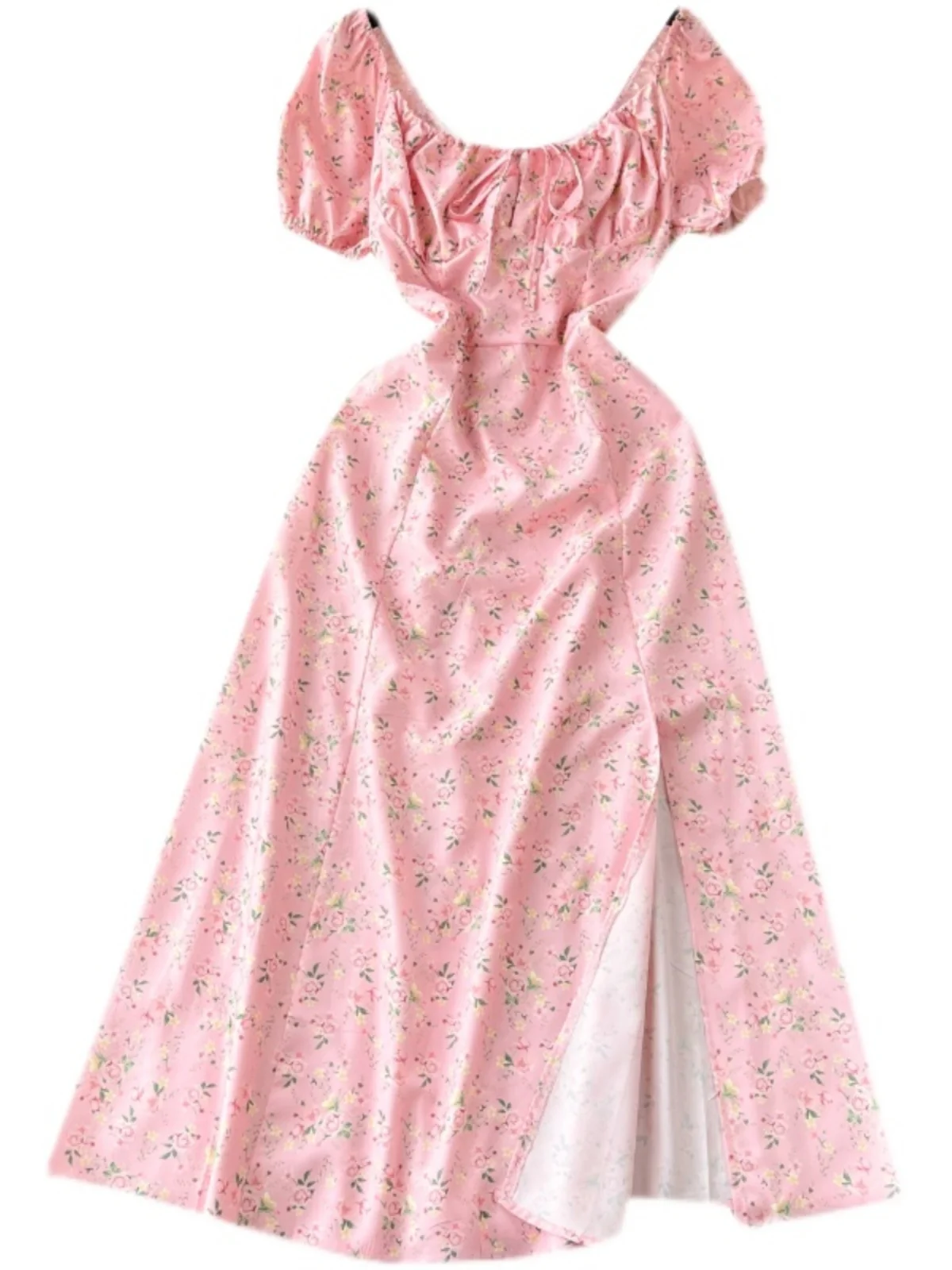 Vestido largo romántico con estampado Floral para mujer, falda acampanada con diseño de abertura y manga de burbuja, e...