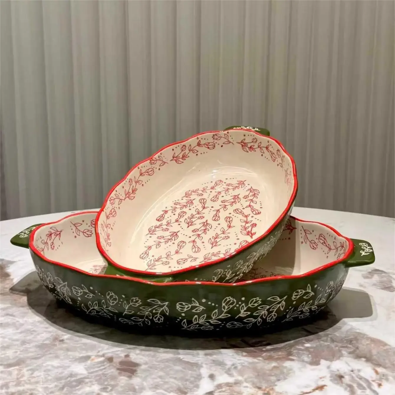 DSA Green Vintage Hand Painted Oval Ceramic Baking Tray BBQ Salad Dessert Cake Kitchen Cutlery Baking Tray