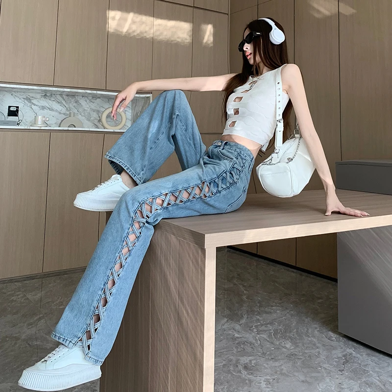 Fashion Braid Hollow Out Women Jeans High Waist Straight Denim Pants Spring Summer Casual Wide Leg Trousers Streetwear