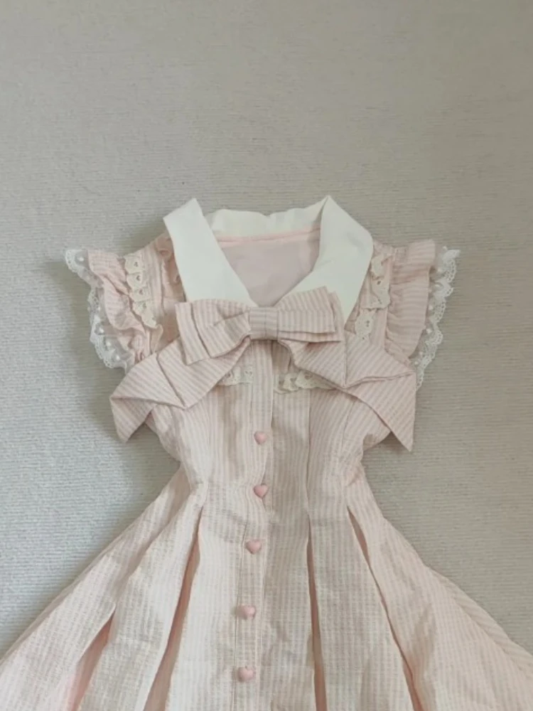 Japanese Sweet Kawaii Striped Elegant Women Dress Fashion Cute Bow Y2k Princess Dress Harajuku Chic Lace Korean Popular Clothes - Image 3