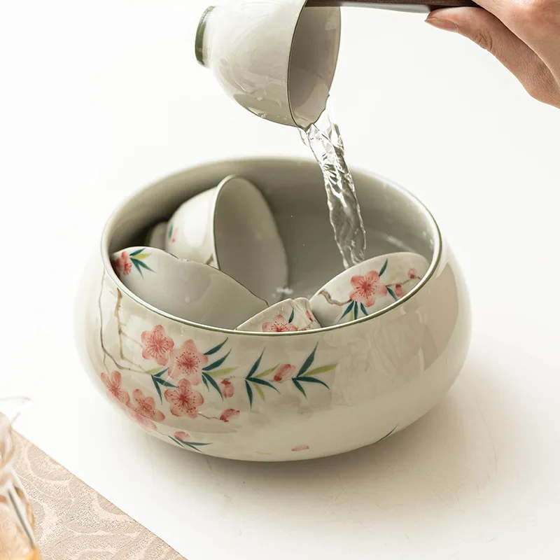 Hand Painted Peach Blossom Tea Wash Basin Large Ceremony Tea Set Accessories Wood Ash Glaze Jian Shui Bucket Home Decor