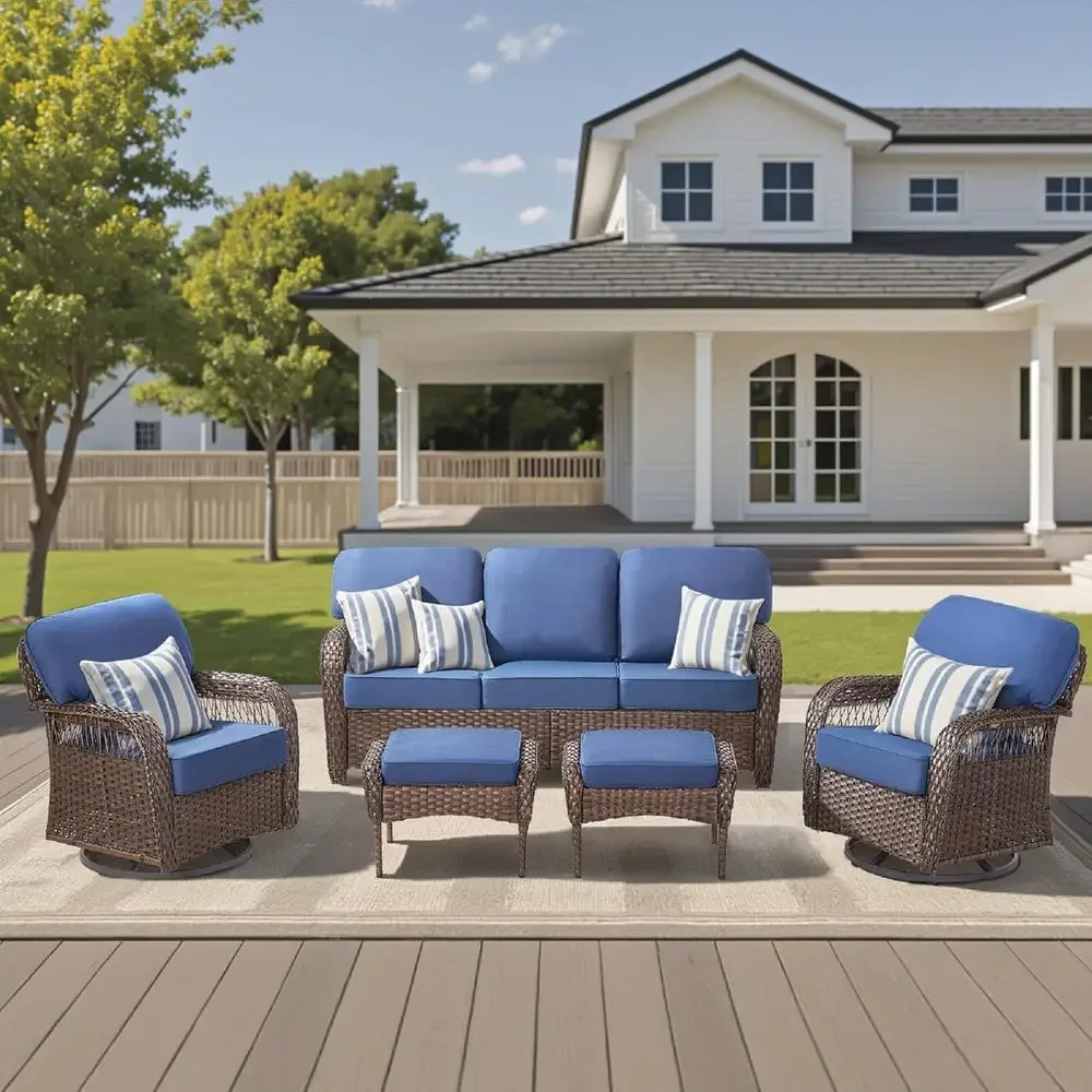 

All-Weather Wicker Swivel Rocker Patio Furniture Set with 3-Seater Sofa and Ottomans, Blue