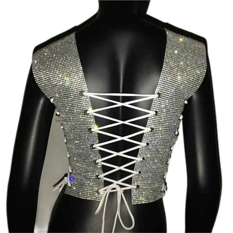 Imagem -06 - Camisas Femininas de Diamante Brilhante Oco para Fora Atadura Tanque Topo Artesanal Cristal Strass Sexy Boate Colheita Topos Rave Camisola