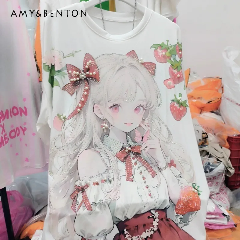 

Heavy Industry Bead Diamond Drills Korean Style Cartoon Girl Printed Crew Neck T-Shirt Sweet Loose Short Sleeved Top Summer Tees