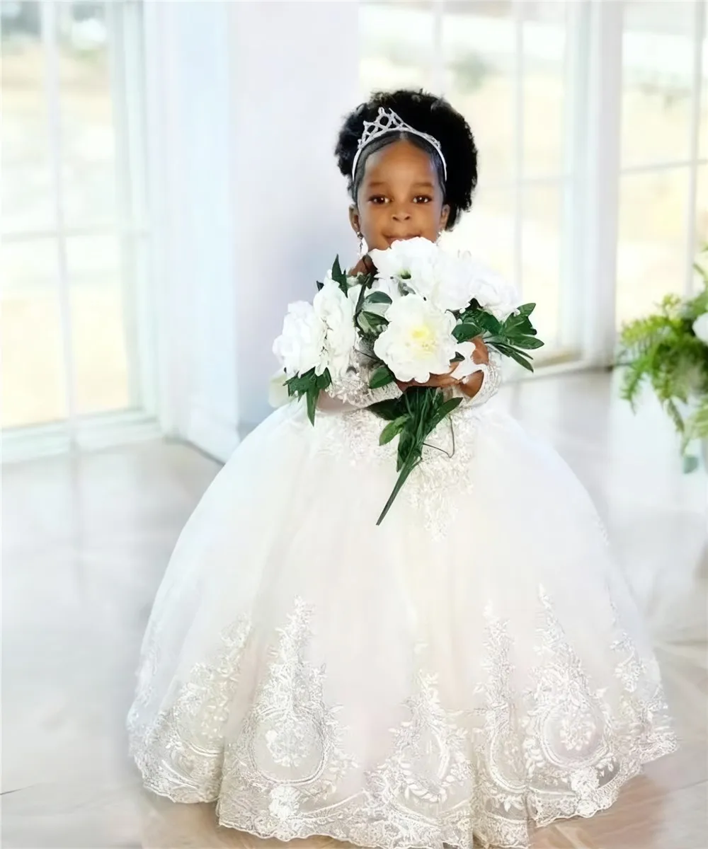 

Customized Elegant Lace Flower Girl Dress For Wedding Puffy Full Sleeves Baby Kids Birthday Party First Communion Ball Gown