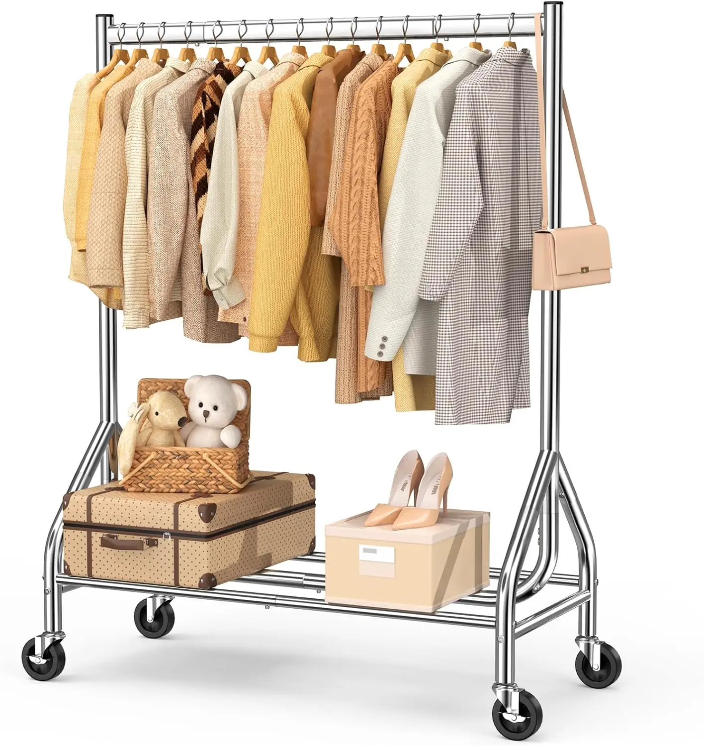 

Heavy Duty Rolling Garment Rack with Lockable Wheels, Supports 420 LBS, Silver Finish