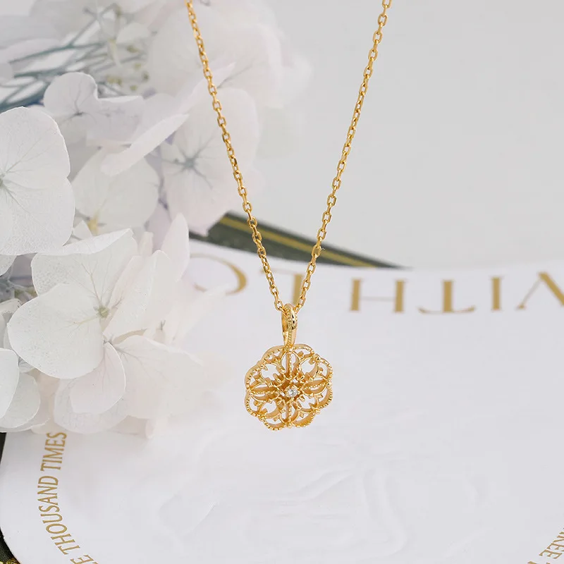 LAMOON Vintage Exquisite Medieval Flower Petals Hollow Pattern Pendant Necklace 925 Sterling Silver Gold Plated Fine Jewelry