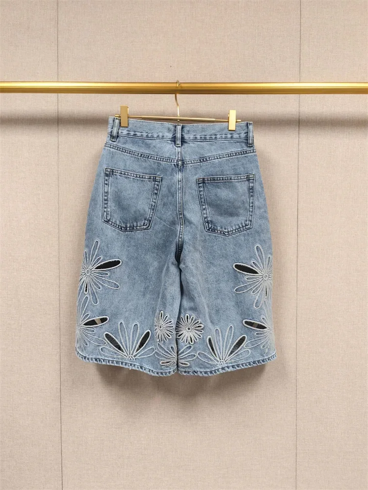 Women Floral Embroidered Hollow Out Straight Denim Knee Length Shorts 2026 New