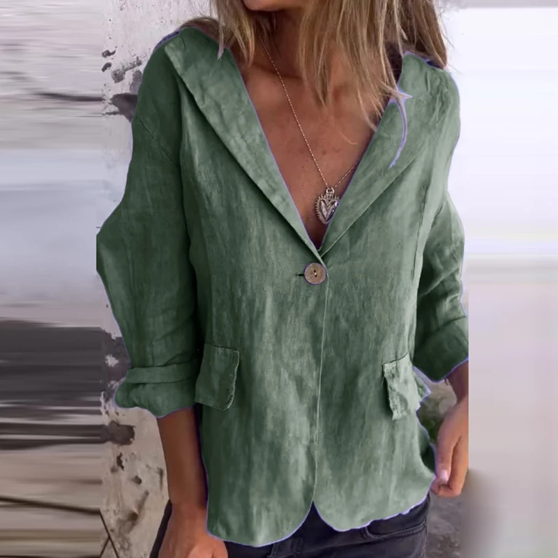 Blazers de botão único para mulheres, manga longa retrô, jaqueta de linho algodão, gola entalhada sólida, blusa, cardigã casual, primavera
