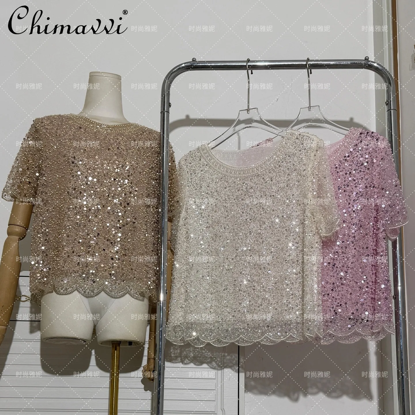 

Женская модная блузка с круглым вырезом, коротким рукавом, жемчугом и сеткой, украшенная пайетками, элегантная, весна-лето 2026, новинка