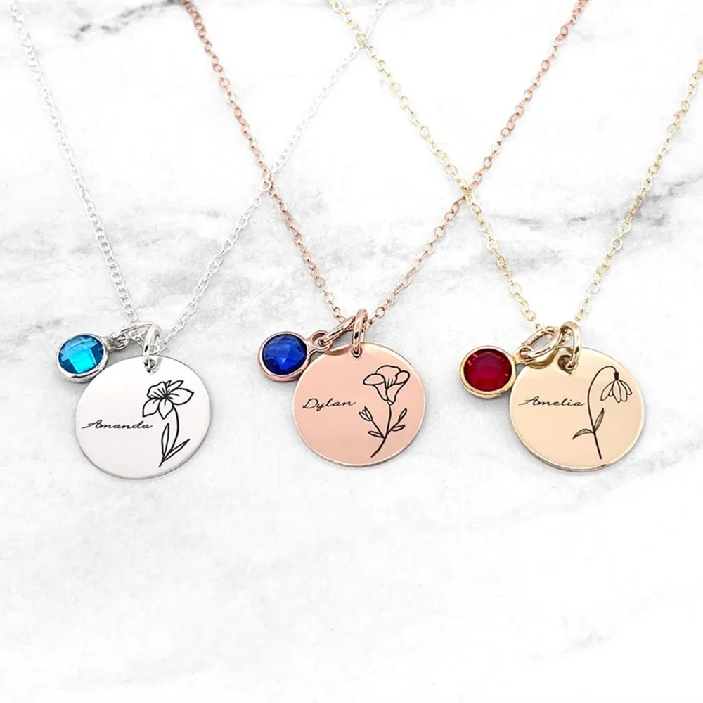 Customizable Geometry Round Name Necklace with Birthflower Stainless Steel Personalized Jewelry Gift