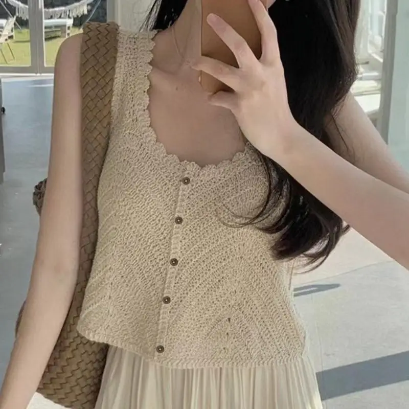 Frauen eleganter ärmelloser Camisole Häkelknit Crop Top Sommerpullover Weste