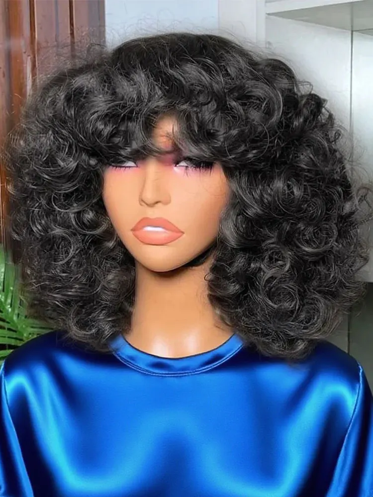 300% haute densité oeuf Curl coupe lutin perruque cheveux humains avec frange vague d'eau courte Bob perruques pour les femmes pré-plumées livraison locale