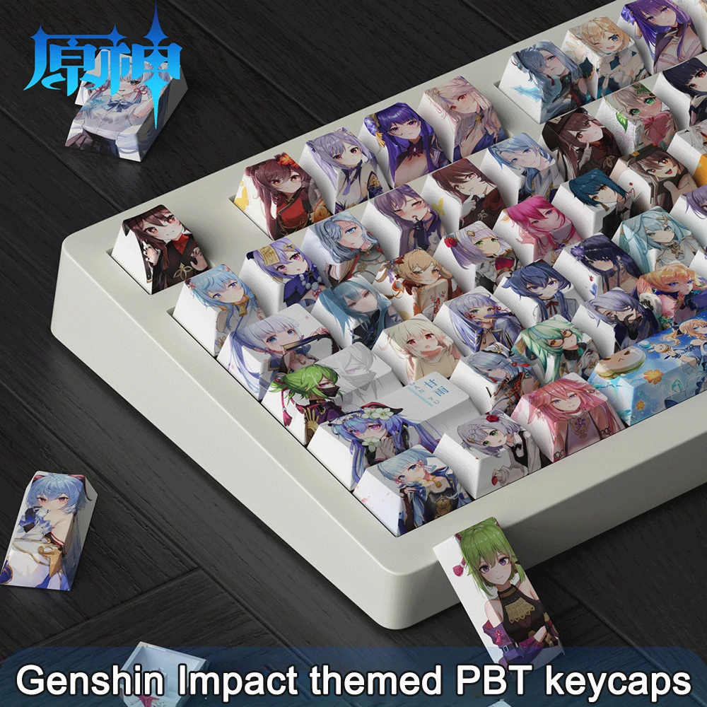 Genshin Impact Keycaps, Anime Cartoon Gaming, Todos os Personagens Key Cap, PBT, Tintura Subbed, Hu Tao, Perfil Cereja, Retroiluminado, 129 Chaves