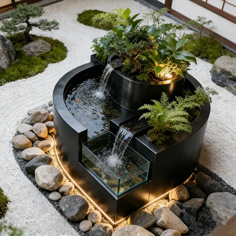 BJ-2 Balcony Stainless Steel Fish Pool Flower Box Metal Water Flow Ornament Outdoor Terrace Courtyard Water View Waterfall