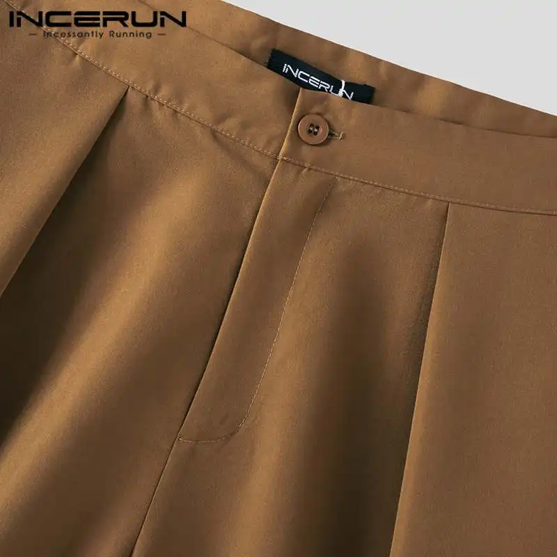 INCERUN Men Wide Leg Pants Solid Color Button Joggers Loose Casual Trousers Men Pleated Streetwear 2024 Fashion Long Pants S-5XL