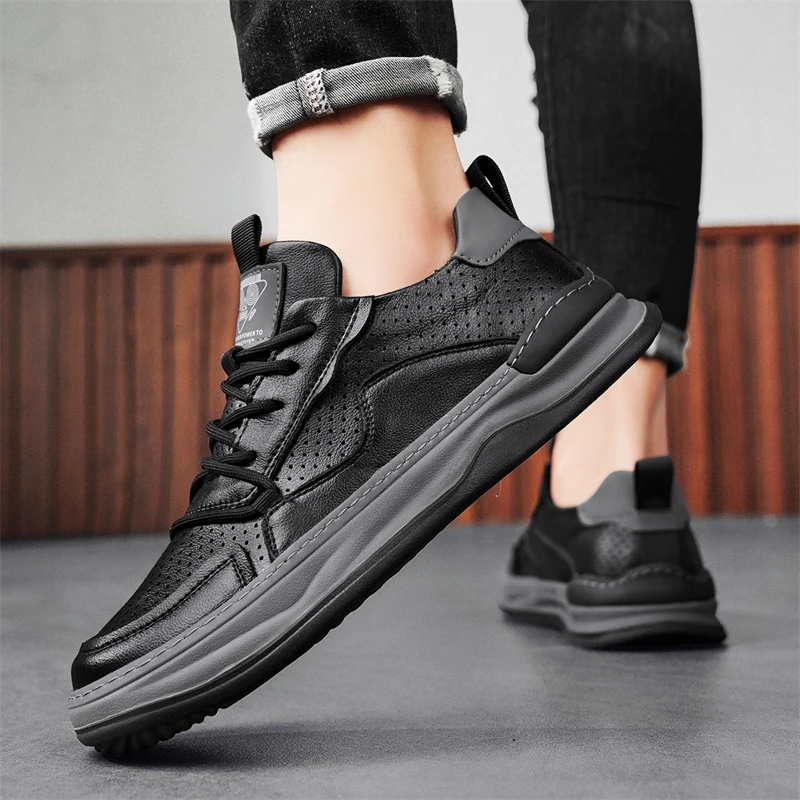 

Men's Casual Work Shoes Spring Lightweight Black Leather Sneakers Waterproof Non-Slip Trendy Shoes Comfortable for Office And...