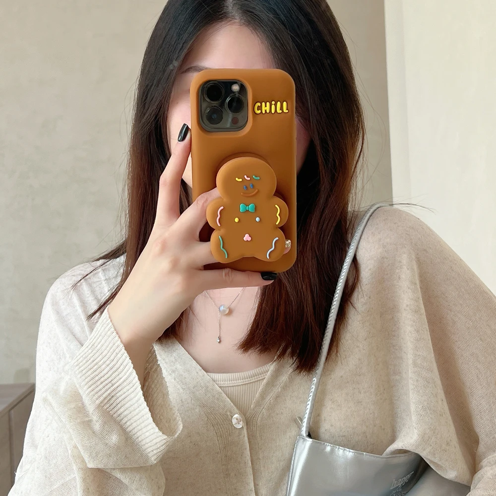 Gingerbread Man 3D Telescopic Bracket, Soft Silicone Phone Case, iPhone 12 13, 14, 15,16 16 promax, back cover Shell Skin Holder