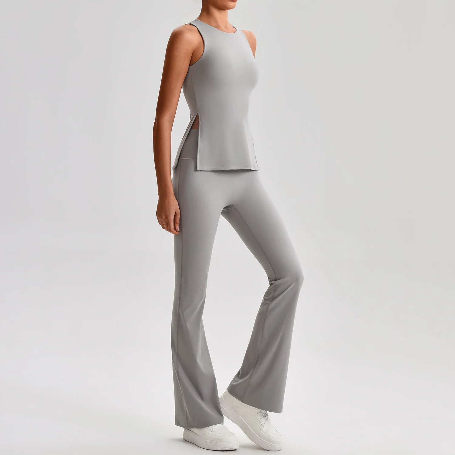 SHINBENE Hi Cloud 2Pcs Outfits Workout Yoga Sports Tracksuits Padded Tank Top High Waist Flared Pant Sets